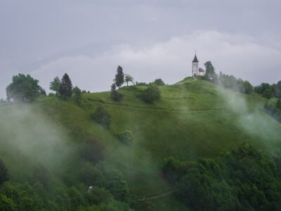 Church on the hill on a stormy summer day